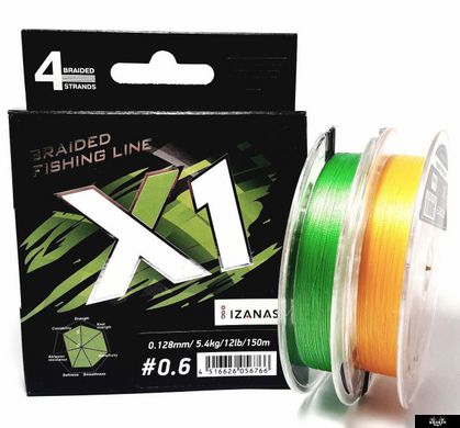 Шнур Favorite X1 PE 4x 150m (l. green) #0.8/0.148mm 15lb/6.8kg, #0.8 0.14mm, 150м., Салатовий